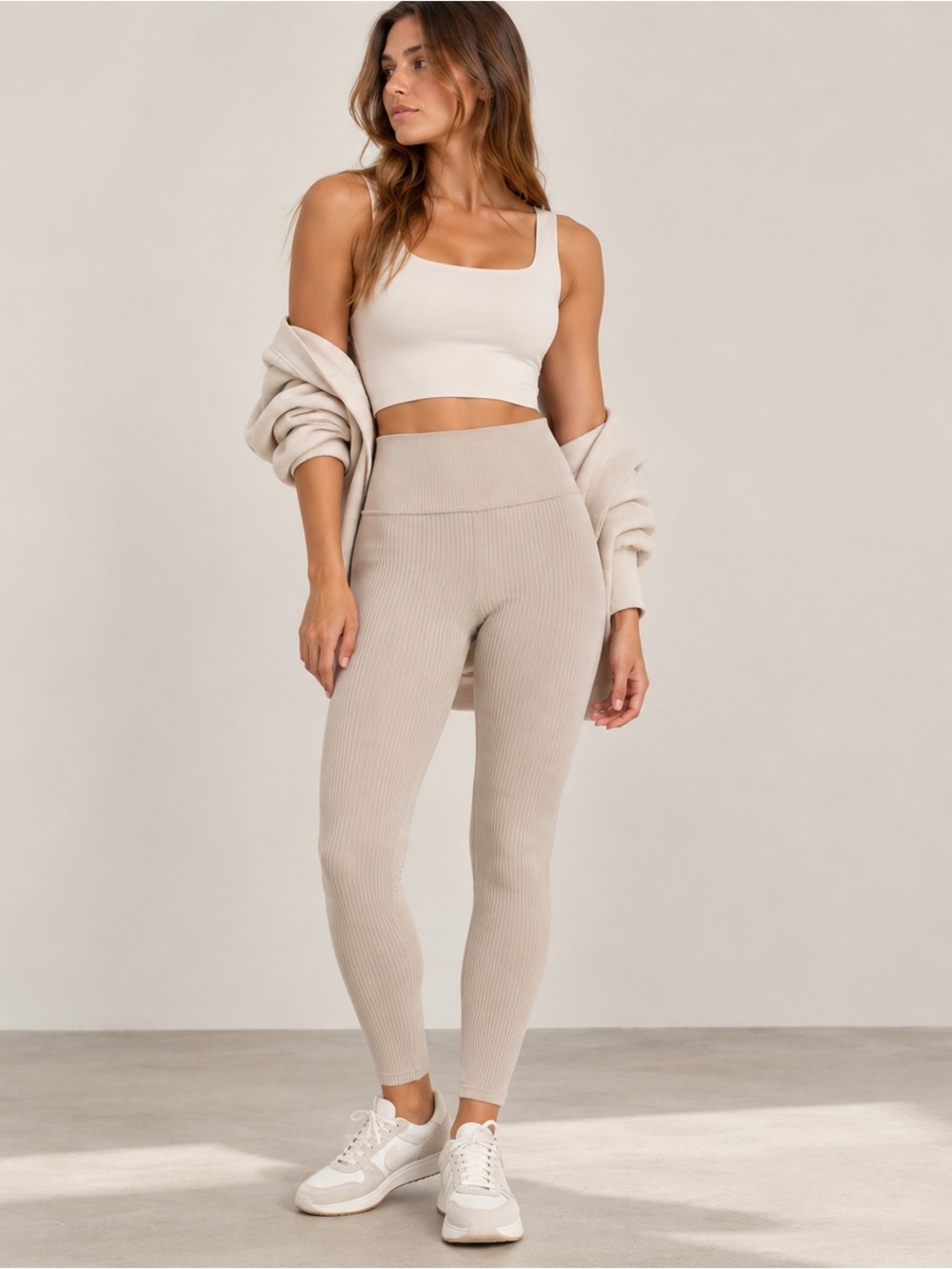 Calvin Klein Performance High Waist Ribbed Leggings Beige Taupe